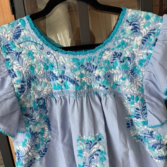 Emilia Collection blouse top embroidered oaxaca ruffle handmade turquoise tunic - Picture 3 of 8